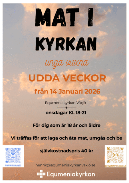 Unga vuxna. Udda veckor med start 14 jan 2026. kl 18-21. För dig som är 18 och uppåt. Vi umgås, lagar mat och har andakt. Självkostnadspris 40kr.